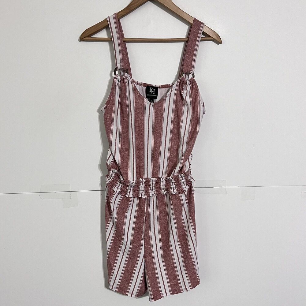 Derek Heart Womens Romper Shortalls Size XL Brown White Striped Pull On